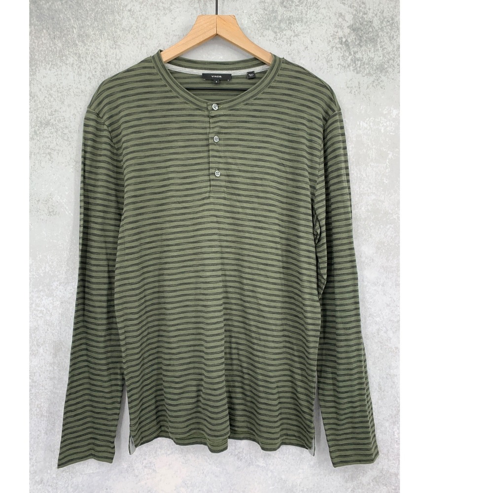 Vince Shirt Mens Medium Green Striped Henley Pima Cotton Long Sleeve Soft NWOT